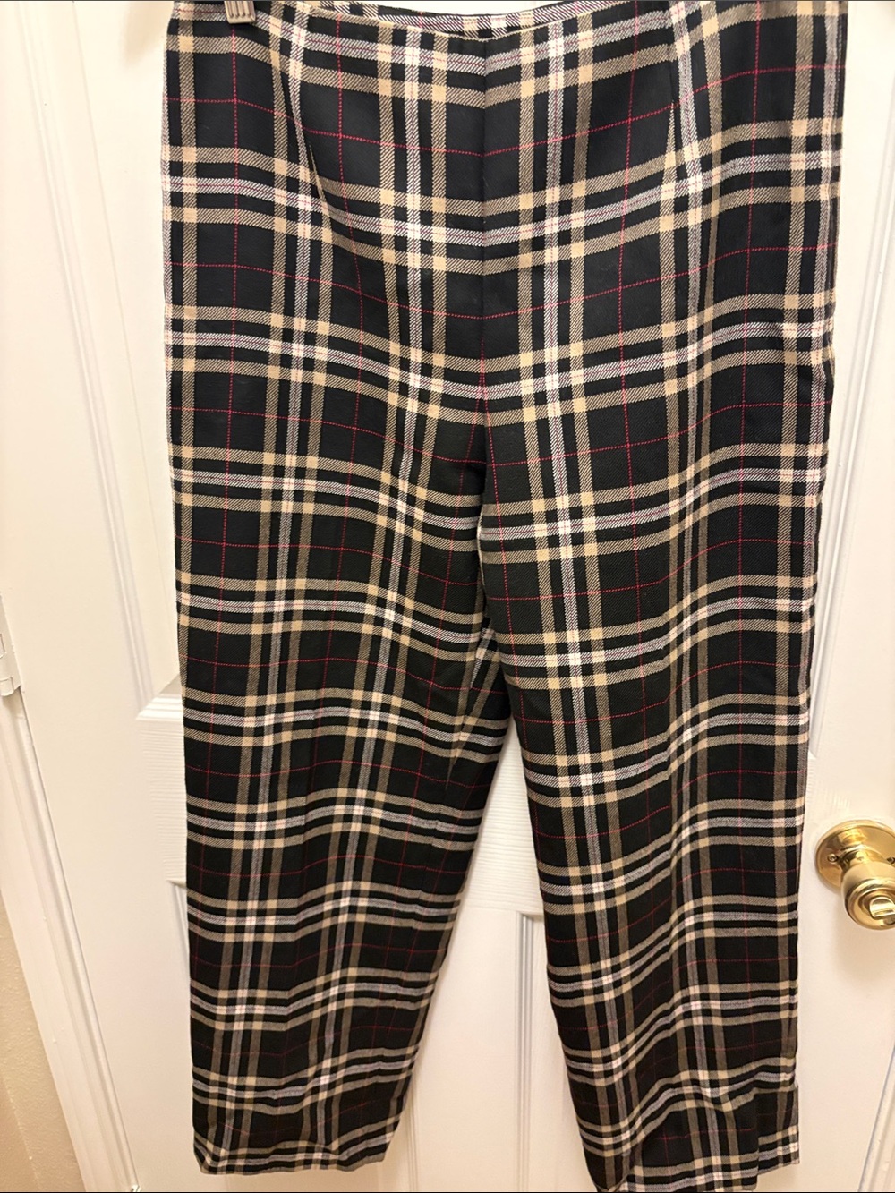 Talbots Black Wool Plaid Trousers with Cream and Red Windowpane A160